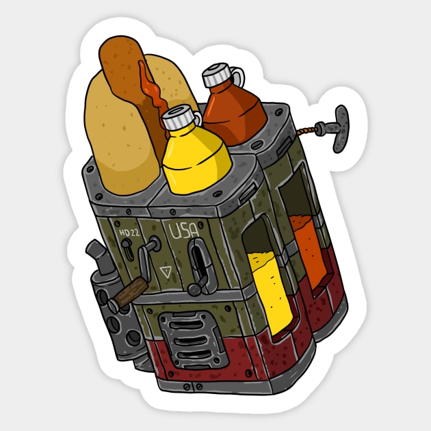 dieselpunk army hot dog with mustard and ketchup Sticker by JJadx